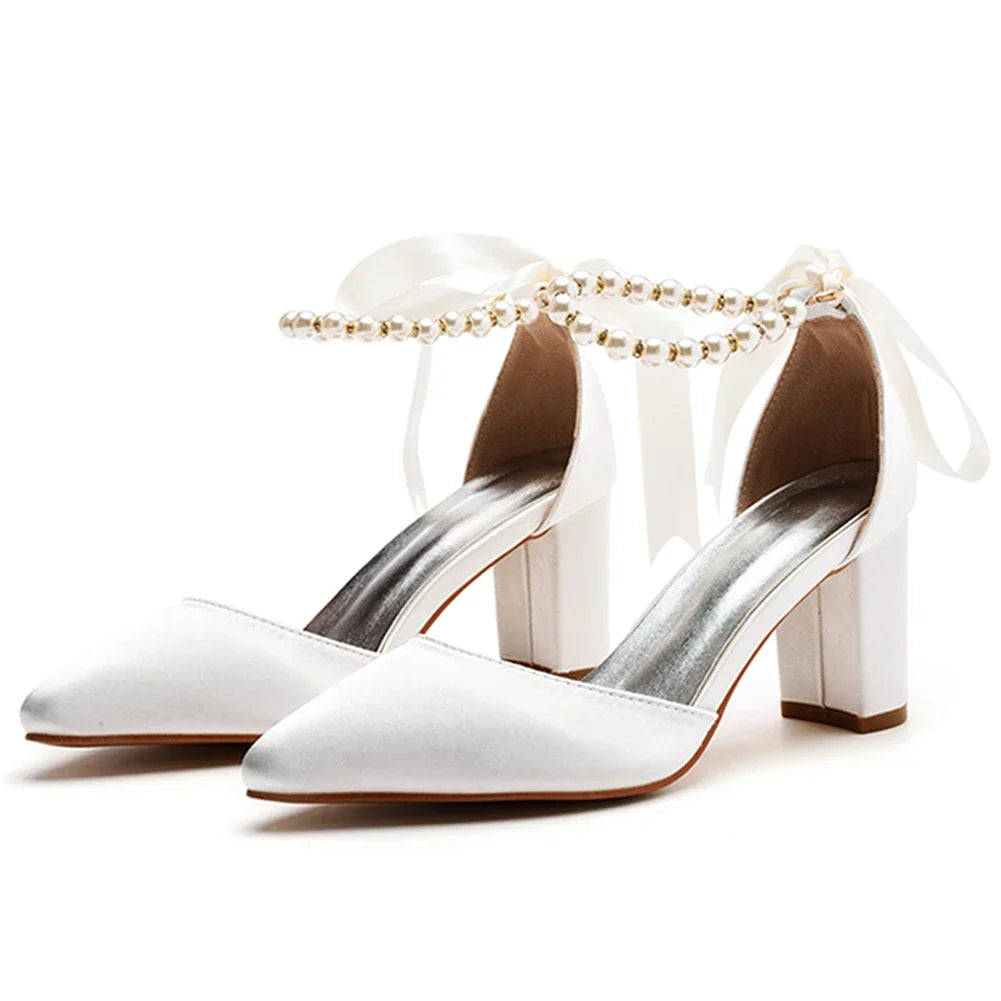 VougeVamp Handmade Silk Beaded Bridal Pumps – Pointed Toe Buckle Strap Sandals with Thick High Heels