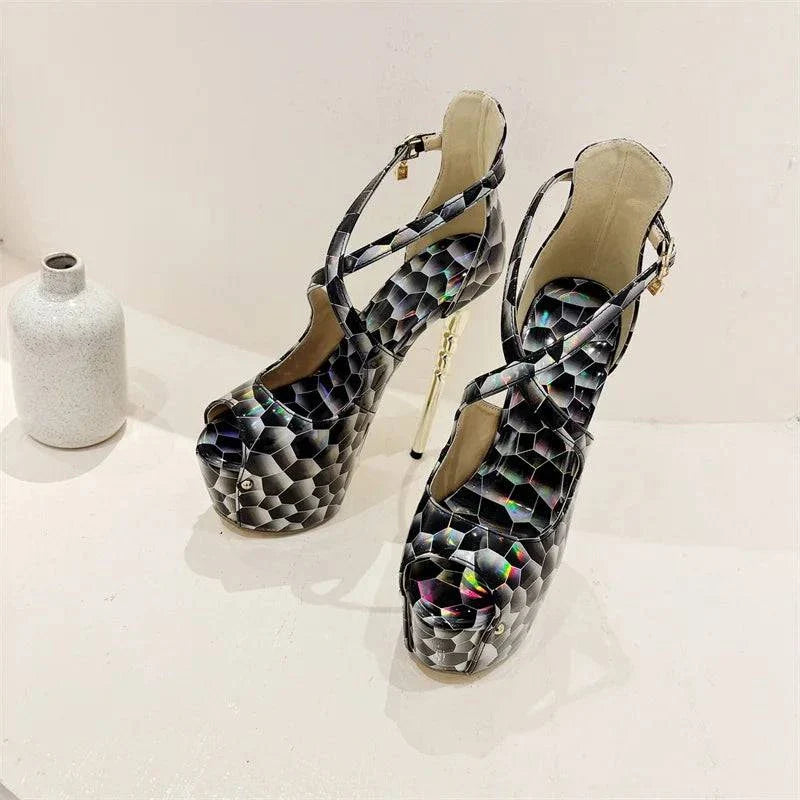 VougeVamp Women’s Snake Print Peep-Toe Platform Pumps – Sexy Buckle Strap High Heels for Summer Banquets and Parties