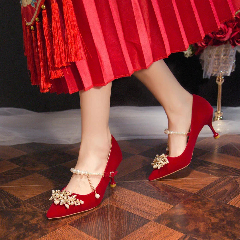 Women's Suede Pointed Toe High Heels – Elegant Embroidered Bridal & Banquet Pumps with Metal Detail