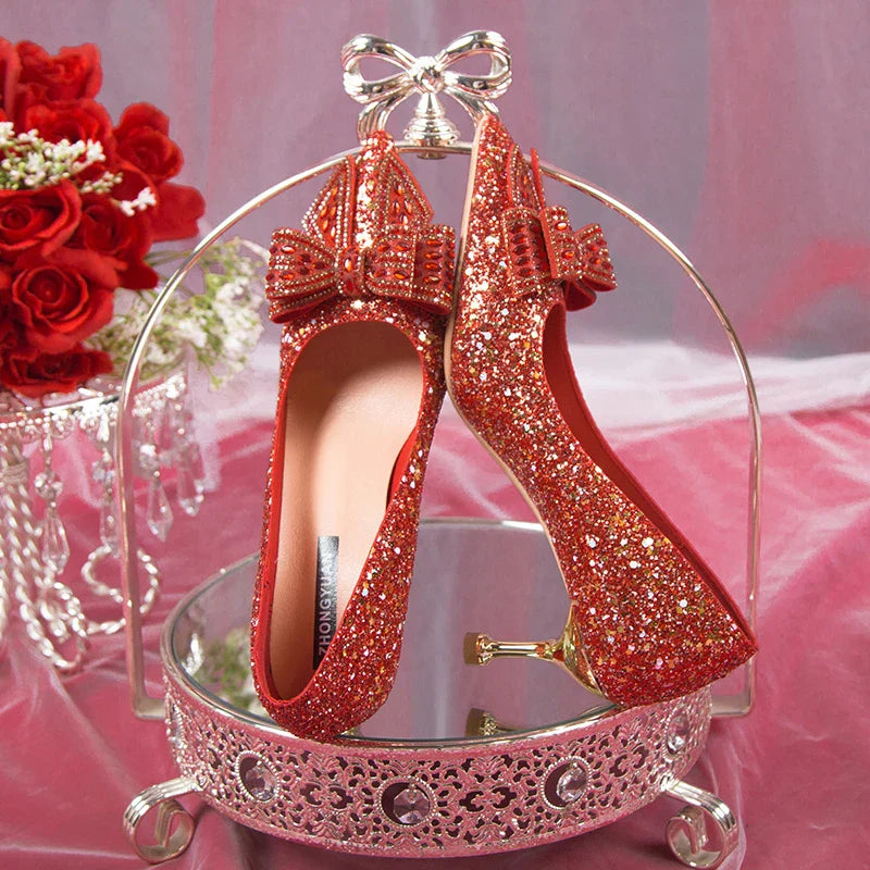 VougeVamp Handmade Crystal Bow Bridal Pumps – Glitter High Heels for Weddings & Parties