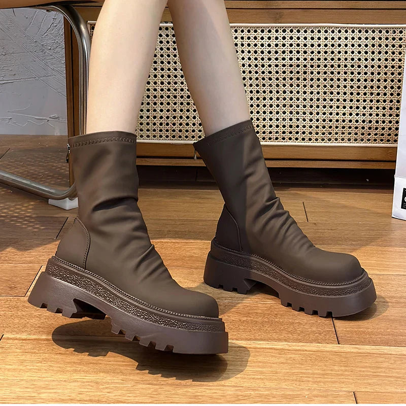 VougeVamp Platform Heel Ankle Booties – Retro Style Short Boots with Back Zipper - VougeVampUK