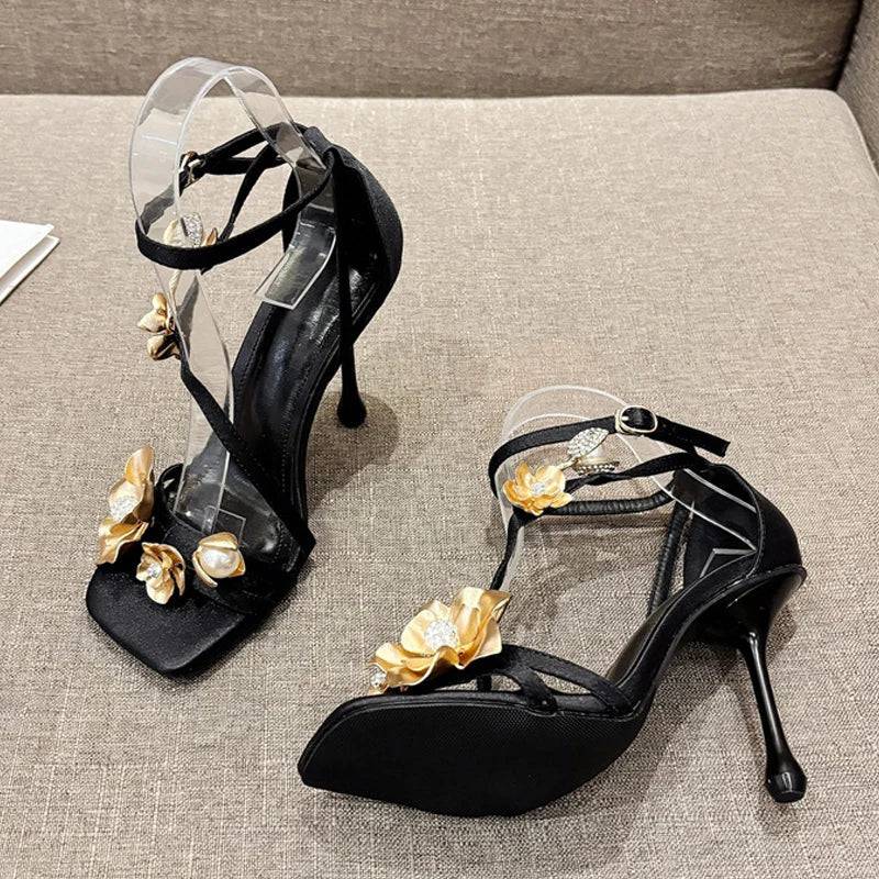 VougeVamp Gold Metal Flower Gladiator Sandals - Square Toe High Heel Party Shoes for Women