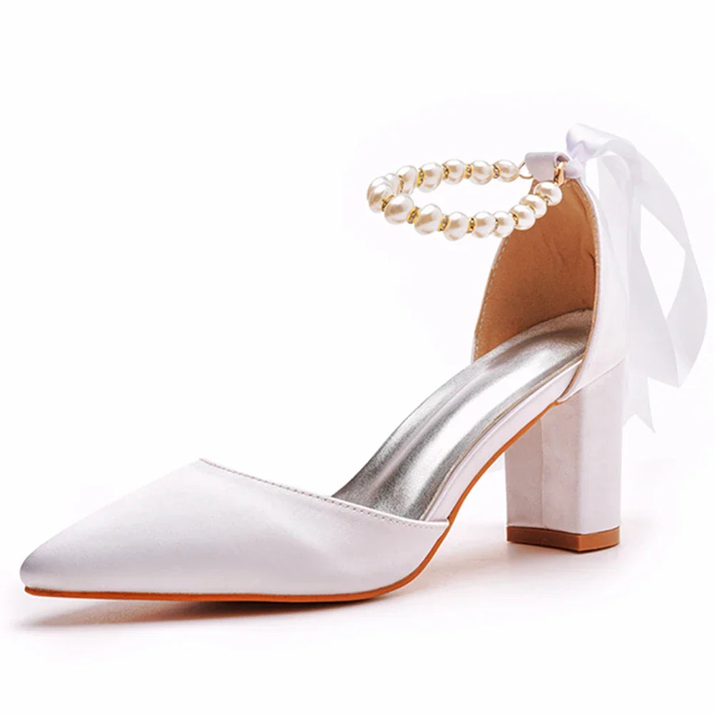 VougeVamp Handmade Silk Beaded Bridal Pumps – Pointed Toe Buckle Strap Sandals with Thick High Heels
