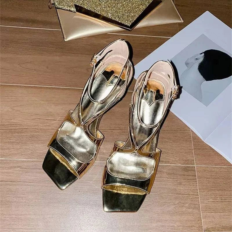 VougeVamp Pink Ankle Cover Strap Gladiator Sandals - Square Open Toe 7CM High Heel Wedding Shoes for Women