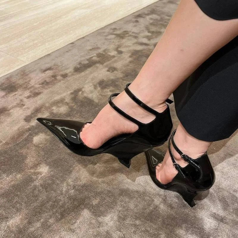 VougeVamp Red Patent Leather Wedge Pumps - Pointed Toe Double Buckle Party Shoes for Women