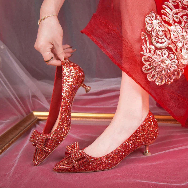 VougeVamp Handmade Crystal Bow Bridal Pumps – Glitter High Heels for Weddings & Parties
