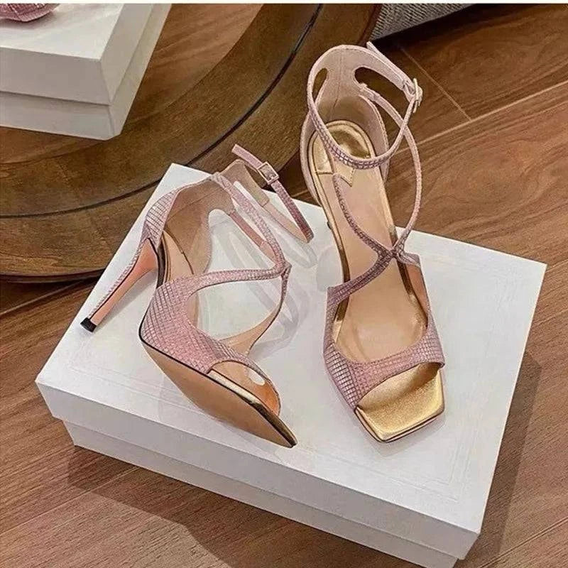 VougeVamp Pink Ankle Cover Strap Gladiator Sandals - Square Open Toe 7CM High Heel Wedding Shoes for Women