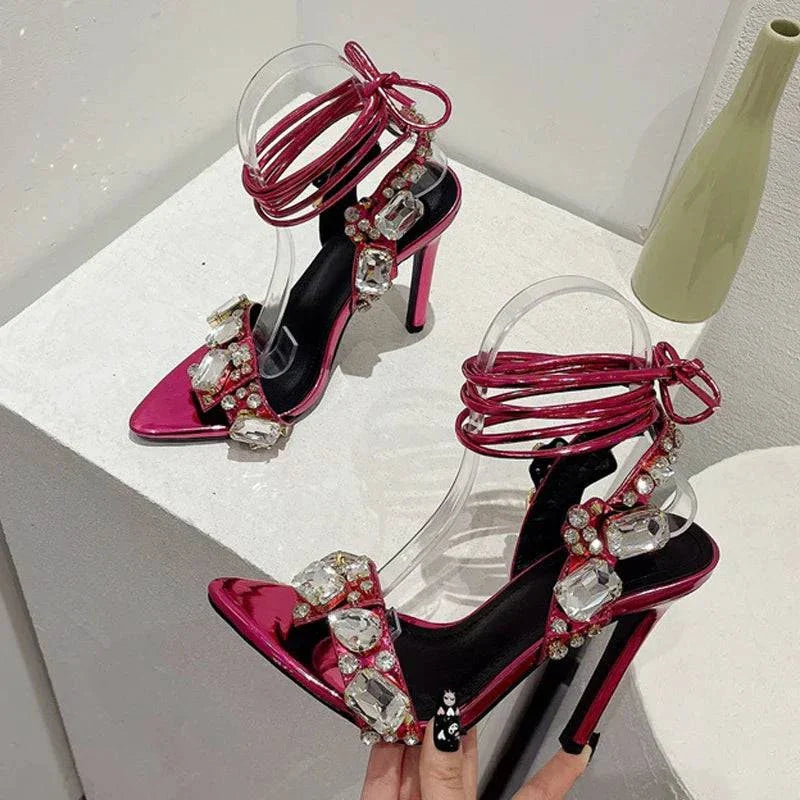 VougeVamp Green Crystal Cross-Strap Sandals - Pointed Toe High Heel Wedding Shoes for Women