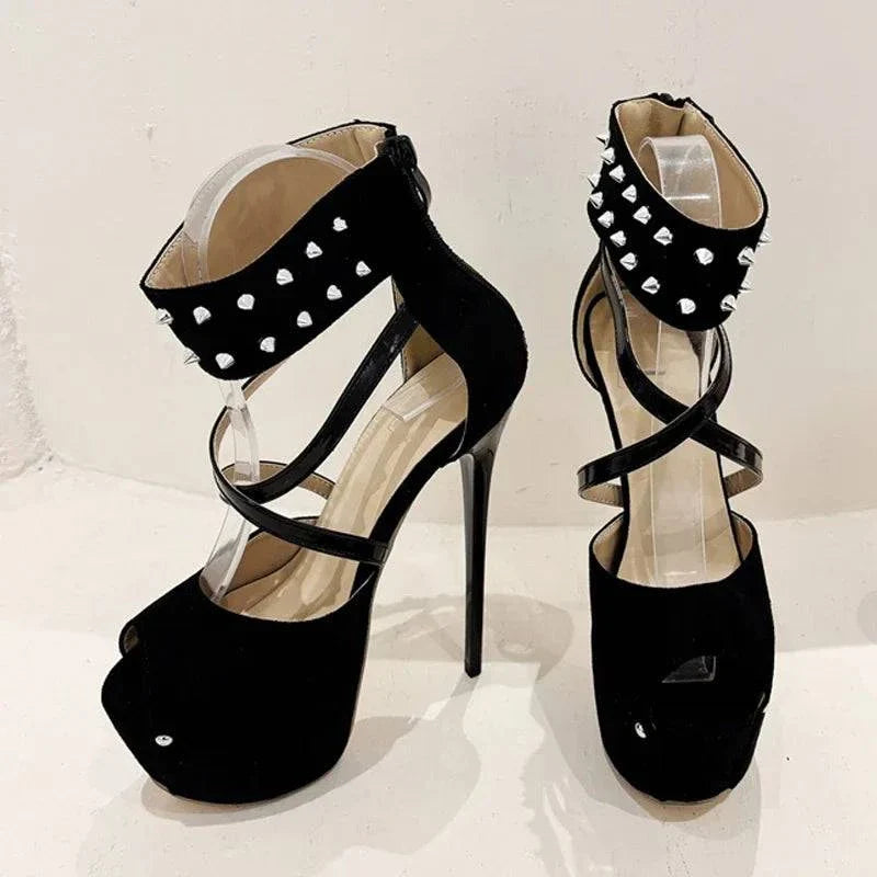 VougeVamp Women’s Metal Rivet Ankle Zip Platform Pumps – Sexy Peep-Toe High Heels for Parties and Pole Dancing