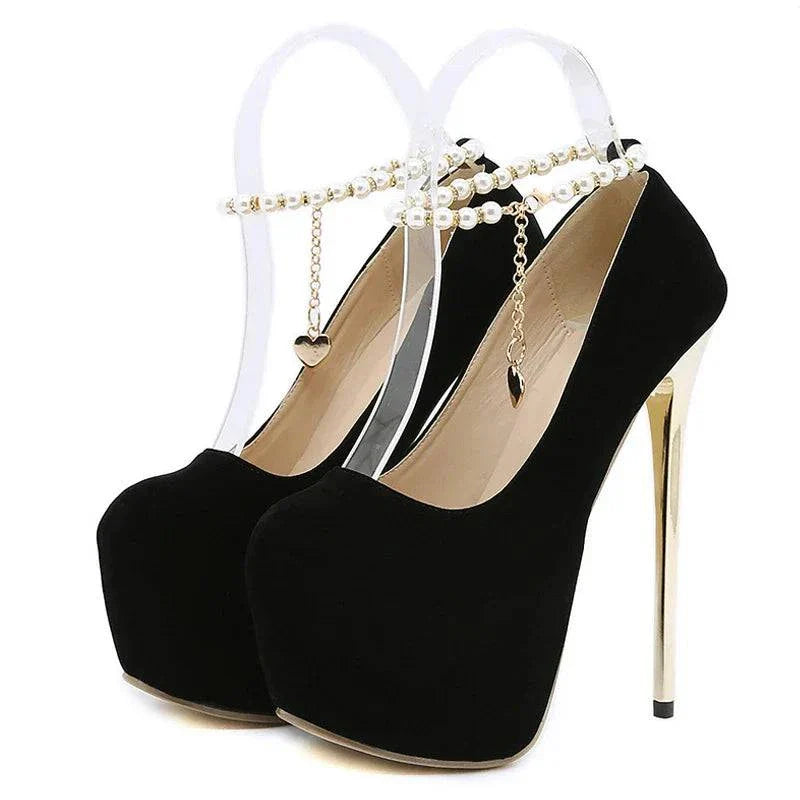 VougeVamp Black String Bead Platform Pumps - 16CM High Heel Ankle Strap Party Shoes for Women