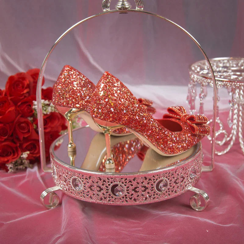 VougeVamp Handmade Crystal Bow Bridal Pumps – Glitter High Heels for Weddings & Parties