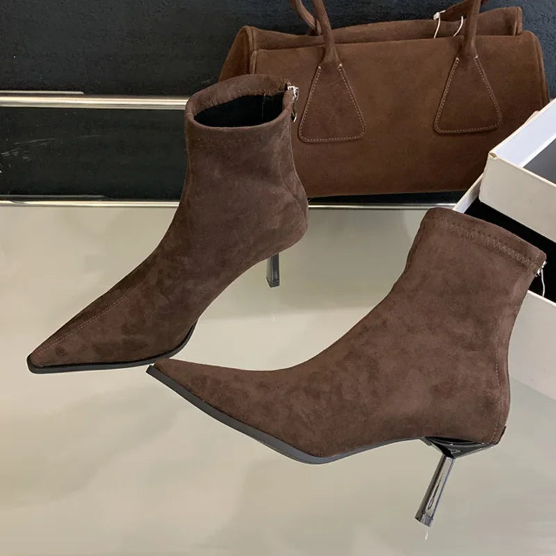 Handmade Leopard Print Pointed Toe Women’s Ankle Boots with Zipper and Thin High Heels - VougeVampUK