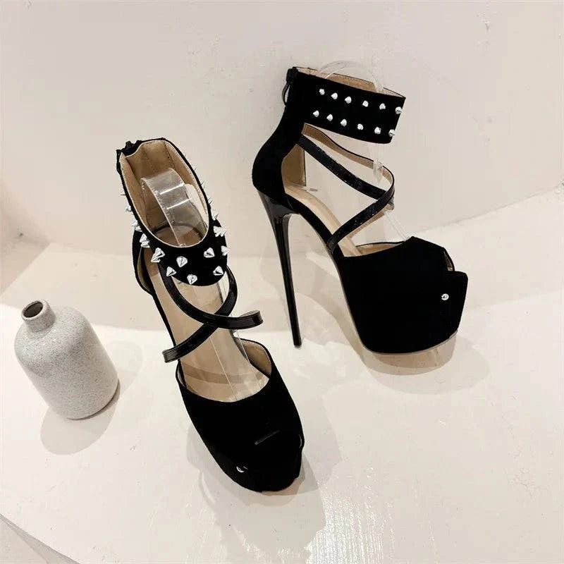 VougeVamp Women’s Metal Rivet Ankle Zip Platform Pumps – Sexy Peep-Toe High Heels for Parties and Pole Dancing