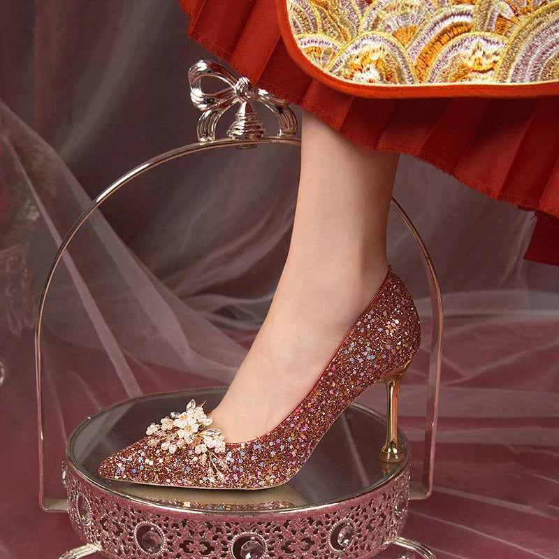 VougeVamp Pearl Flower Bridal Pumps – Elegant Bling High Heels for Weddings & Parties