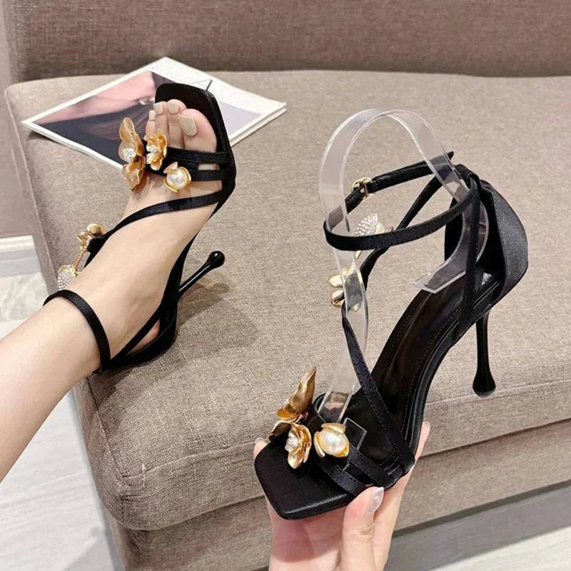 VougeVamp Gold Metal Flower Gladiator Sandals - Square Toe High Heel Party Shoes for Women