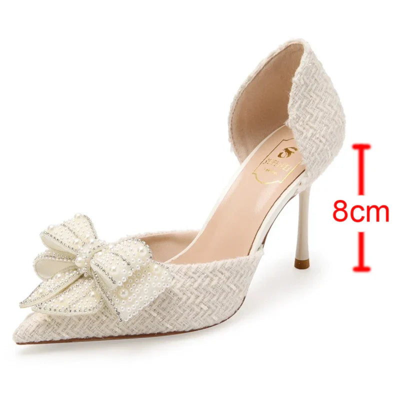 VougeVamp Bling Crystal Bow Thin Heel Pumps – Elegant D'Orsay Bridal & Party Shoes