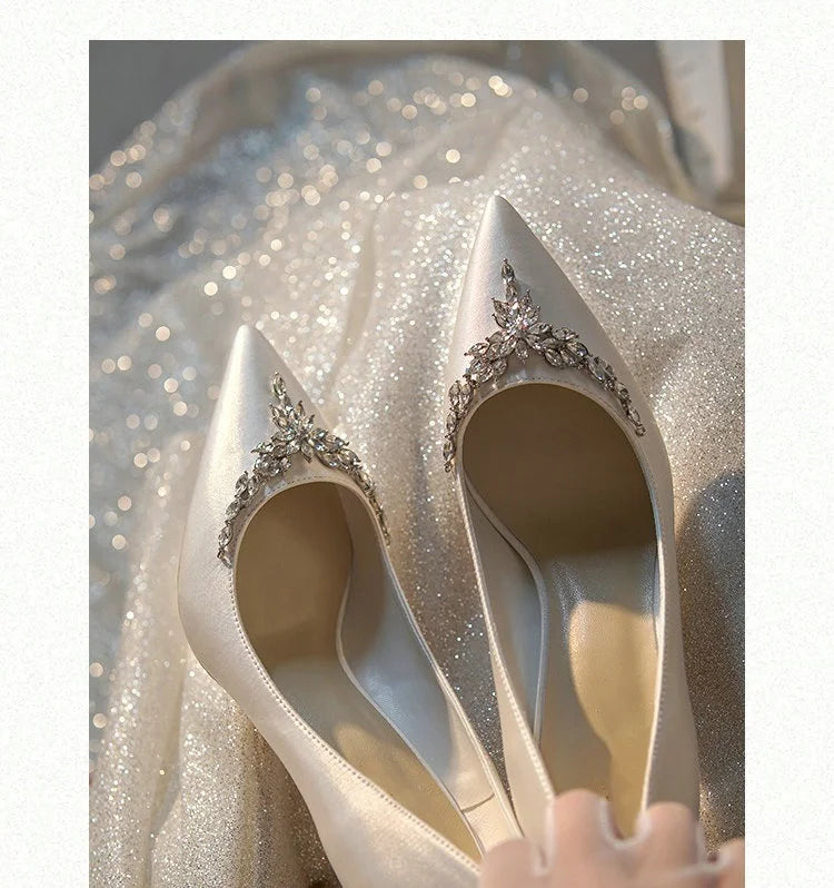 VougeVamp White Silk Satin Bridal Heels – Rhinestone Crystal Stiletto Pumps for Weddings