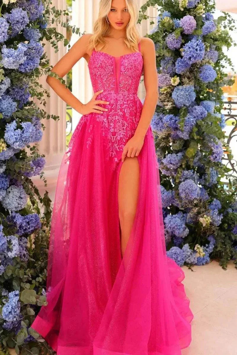 VougeVamp Hot Pink Prom Dress - Embroidered Sequin Mermaid Fairy Gown with Side Slits - VougeVampUK