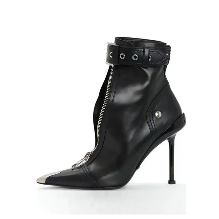 Handmade Women's Red High-Heeled Ankle Boots with Belt Buckle, Front Zipper, Pointed Toe, and Metallic Accent - VougeVampUK