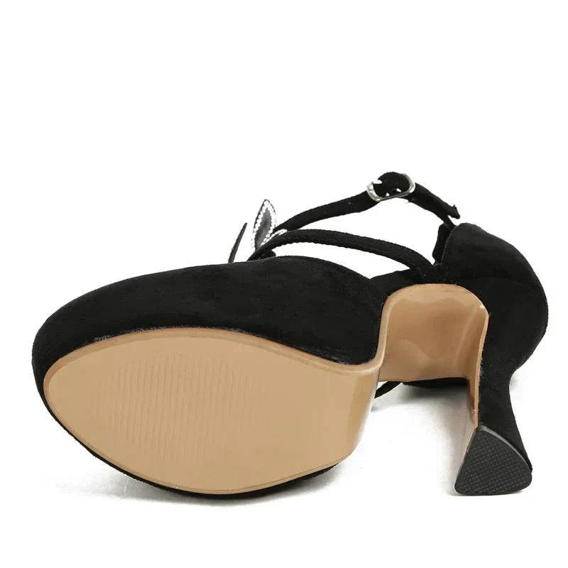 VougeVamp Crystal Rhinestone Butterfly Platform Pumps - Round Toe High Heel Dress Shoes for Women