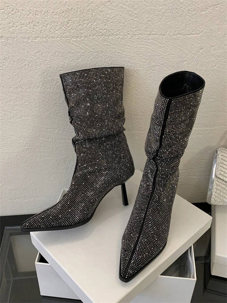 Handmade Rhinestone-Embellished Pointed Toe Ankle Boots for Women - Sexy Thin High Heels Booties - VougeVampUK