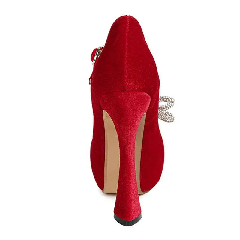 VougeVamp Rhinestone Crystal Bowknot Platform Pumps - Round Toe 13CM High Heel Wedding Shoes for Women