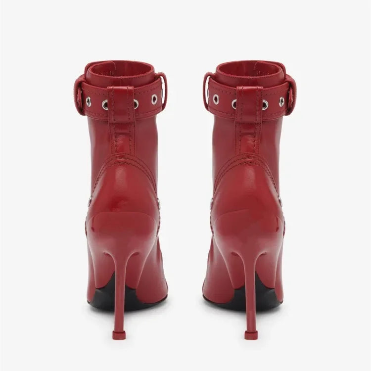 Handmade Women's Red High-Heeled Ankle Boots with Belt Buckle, Front Zipper, Pointed Toe, and Metallic Accent - VougeVampUK