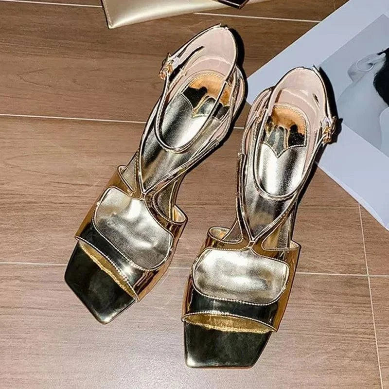 VougeVamp Pink Ankle Cover Strap Gladiator Sandals - Square Open Toe 7CM High Heel Wedding Shoes for Women