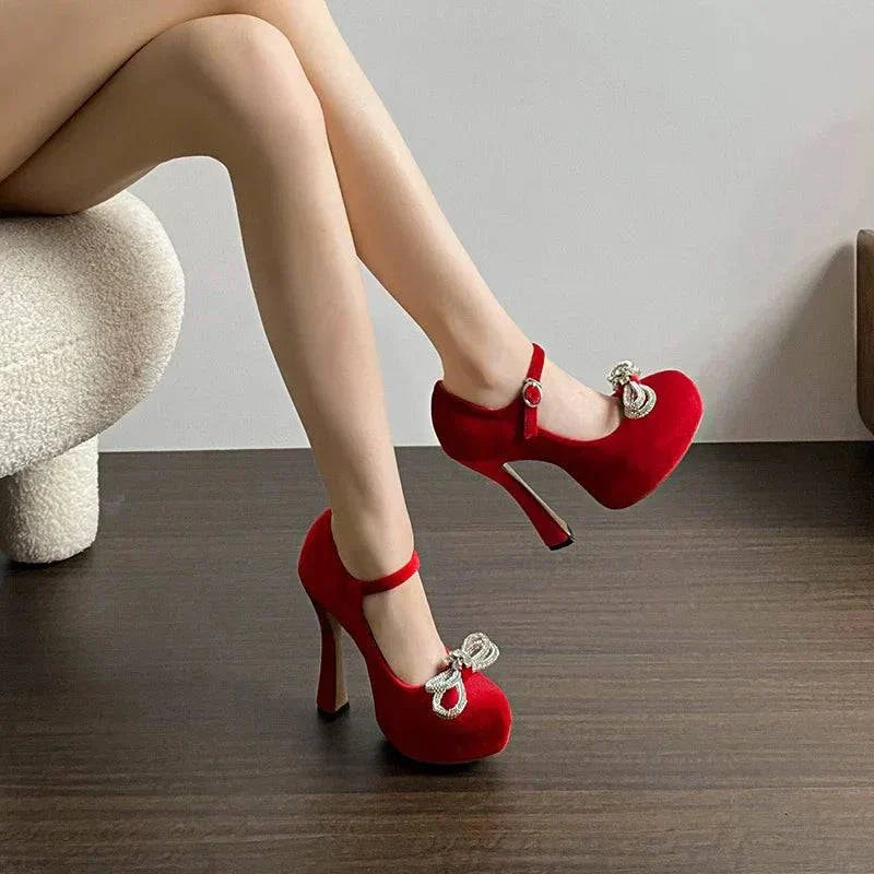 VougeVamp Rhinestone Crystal Bowknot Platform Pumps - Round Toe 13CM High Heel Wedding Shoes for Women