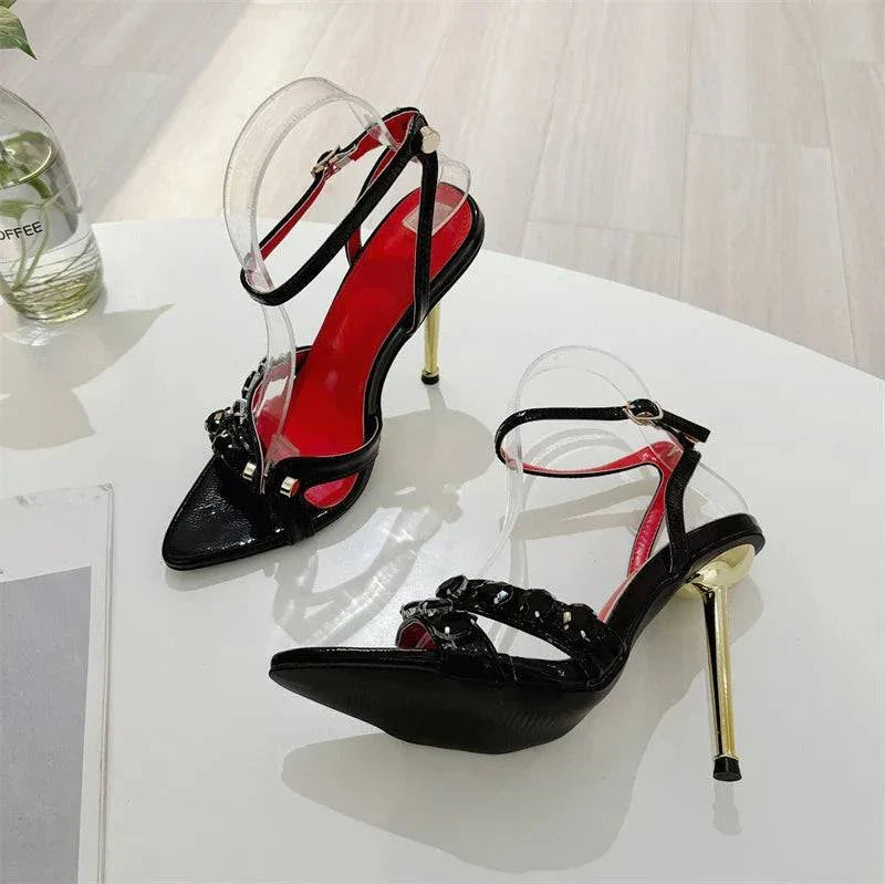 VougeVamp Gem Rivet Narrow Band Sandals - Pointed Toe High Heel Party Shoes for Women
