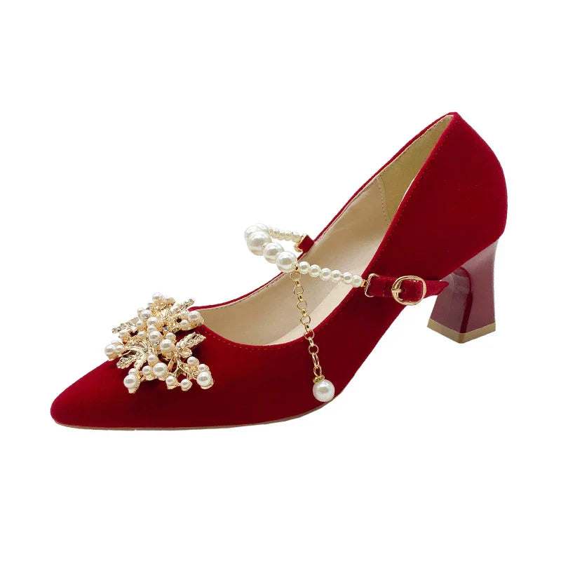 Women's Suede Pointed Toe High Heels – Elegant Embroidered Bridal & Banquet Pumps with Metal Detail