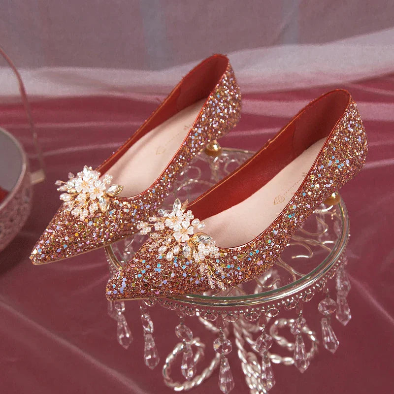 VougeVamp Pearl Flower Bridal Pumps – Elegant Bling High Heels for Weddings & Parties