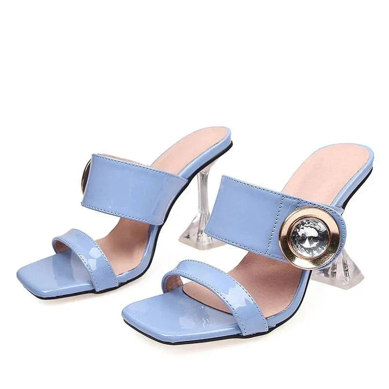 VougeVamp Transparent Metal Crystal Buckle Slippers - 9CM High Heel Party Sandals for Women