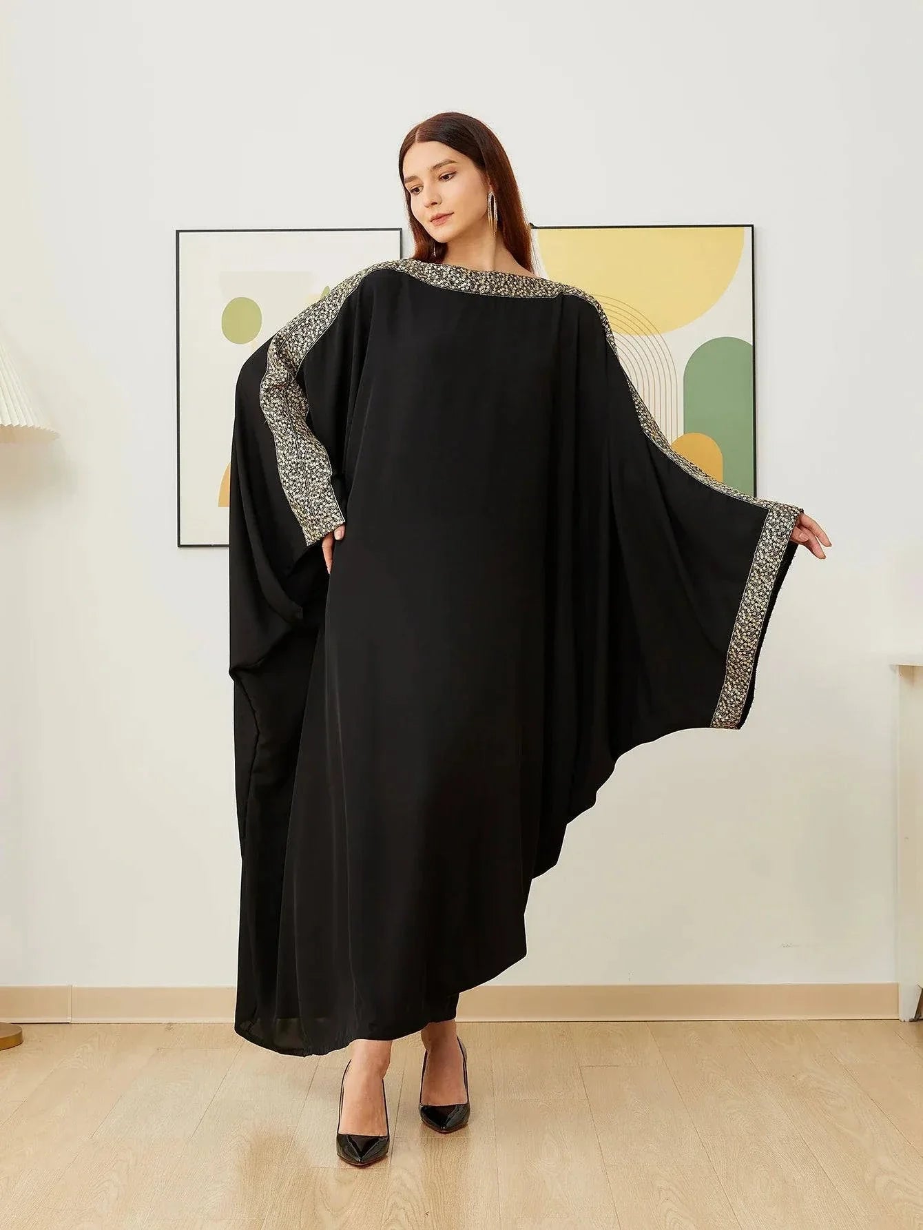 VougeVamp Ultra Black Nida Abaya Muslim Party Dress - Women’s Long Loose Kaftan Dubai Islamic Robe - VougeVampUK