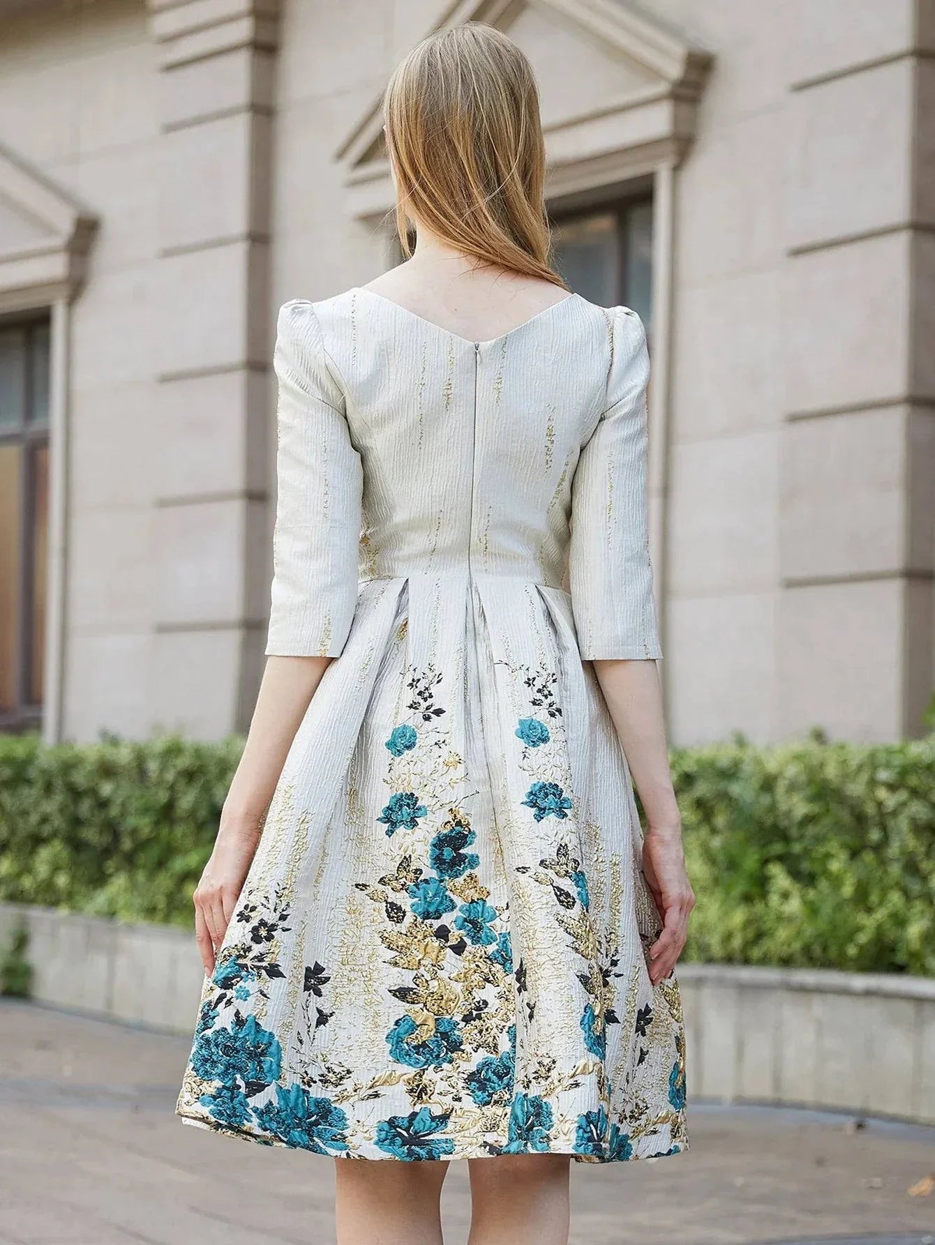 VougeVamp Luxury Women Jacquard Mid-Calf Dress - Floral A-Line Evening Gown with Three-Quarter Sleeves - VougeVampUK