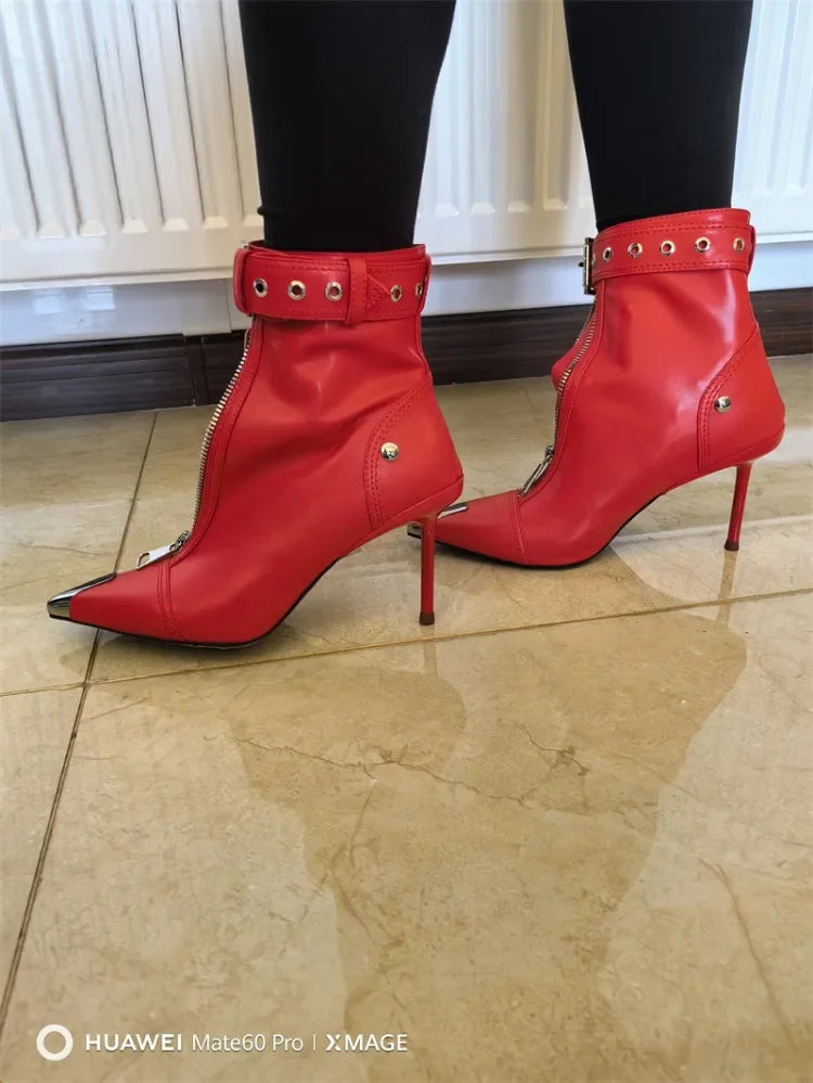 Handmade Women's Red High-Heeled Ankle Boots with Belt Buckle, Front Zipper, Pointed Toe, and Metallic Accent - VougeVampUK