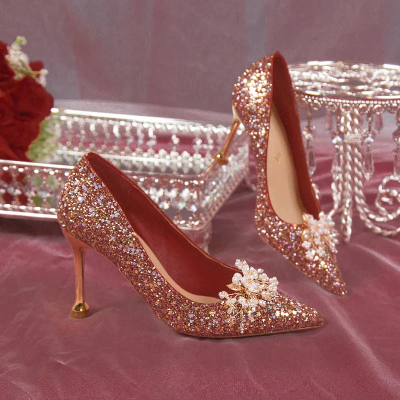 VougeVamp Pearl Flower Bridal Pumps – Elegant Bling High Heels for Weddings & Parties