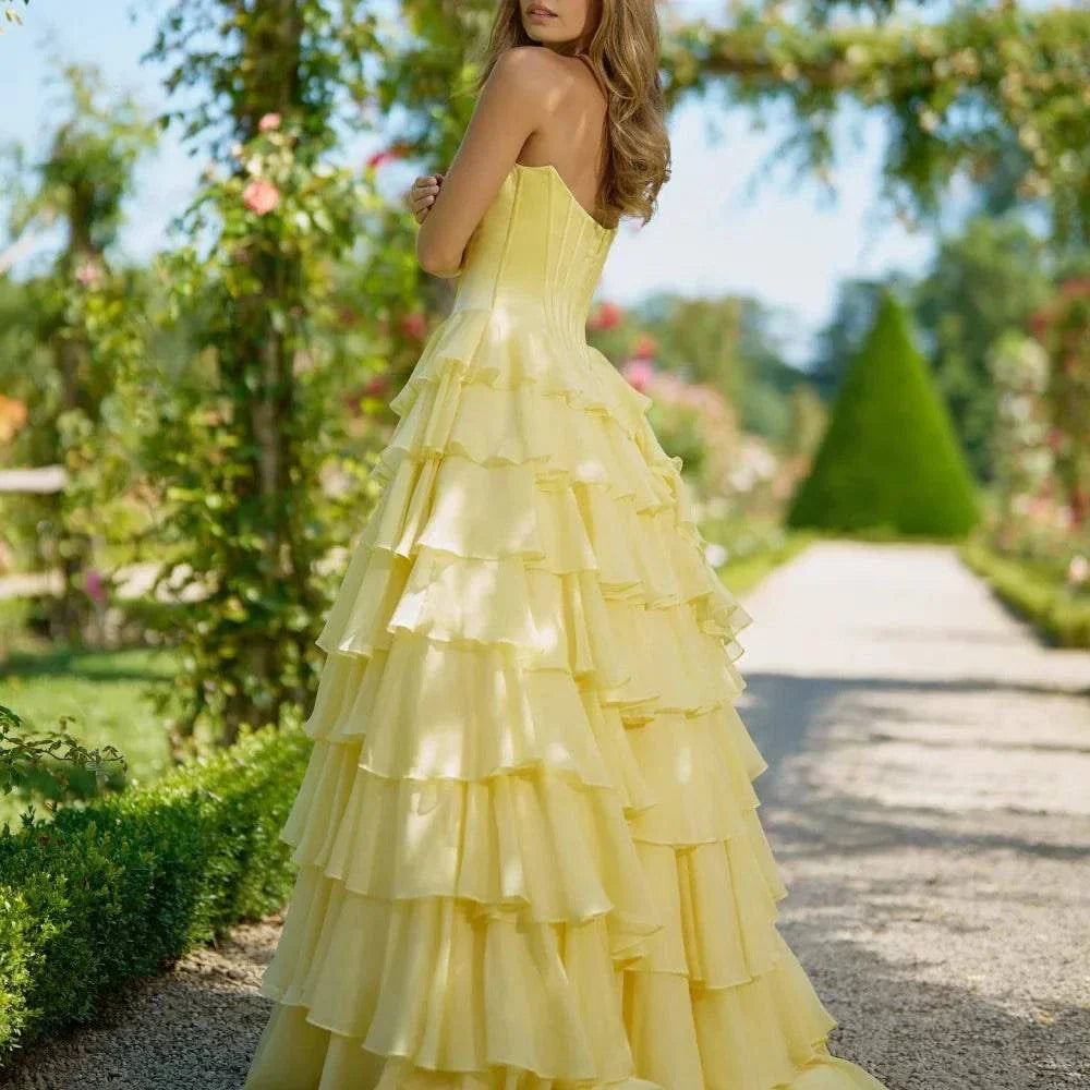VougeVamp Customized Yellow Lace Strapless Side Slit Chiffon Party Dress - VougeVampUK