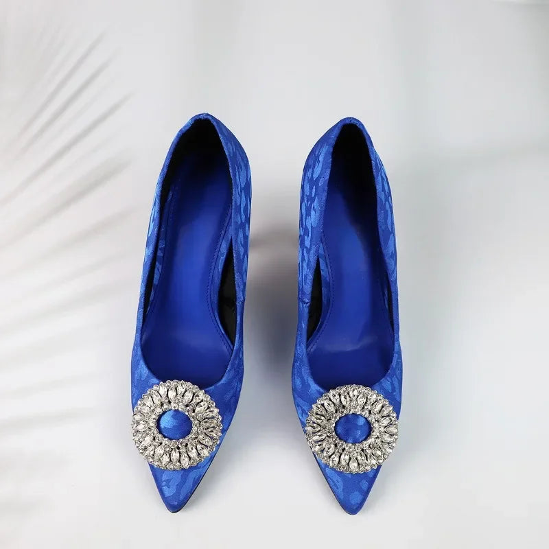 Elegant Satin Pointed Toe Heels with Diamond Circle Detail - High-Quality Bridal & Evening Pumps