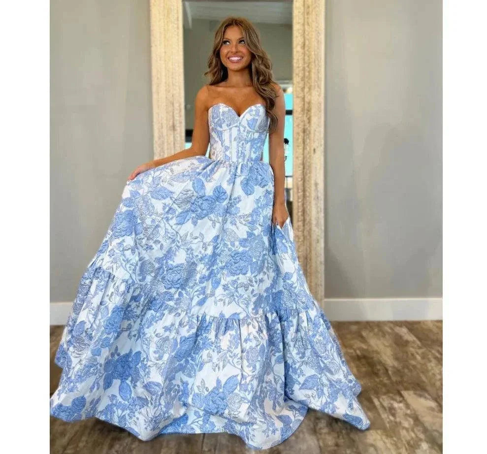 VougeVamp Customized Blue Flowers Strapless Prom Dress - Sleeveless A-Line Satin Evening Gown with Pleats - VougeVampUK