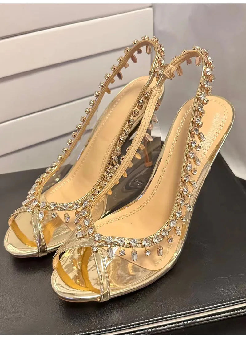 VougeVamp Luxury Crystal Tassel Slingback Pumps – Transparent PVC Peep-Toe High Heels for Weddings & Parties - VougeVampUK