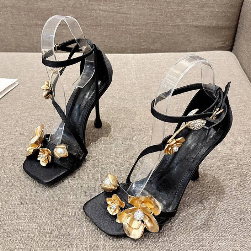 VougeVamp Gold Metal Flower Gladiator Sandals - Square Toe High Heel Party Shoes for Women