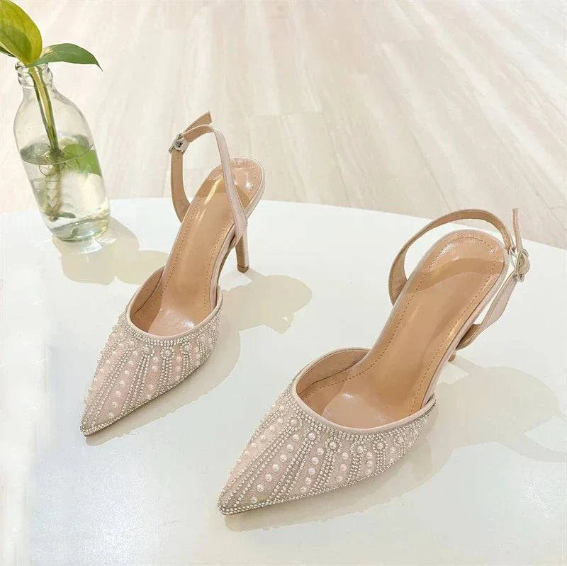 VougeVamp Women’s Crystal Pearl Pointed Toe Pumps – Elegant Slingback Heels for Weddings and Parties