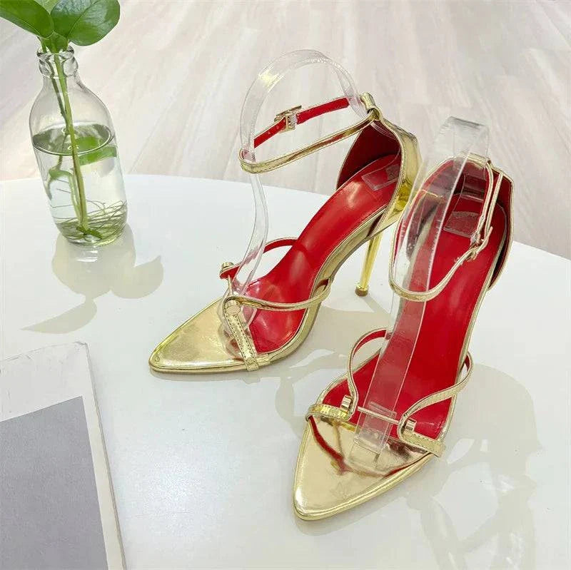 VougeVamp Gold Silver Ankle Cover Strap Sandals - Pointed Open Toe High Heel Party Shoes for Women