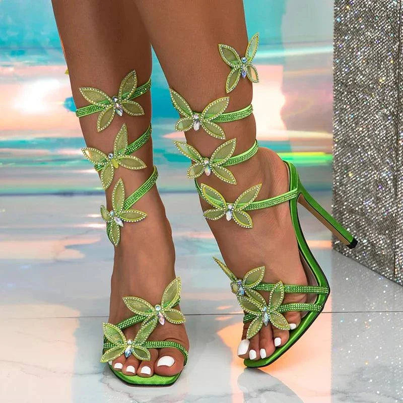 VougeVamp Women’s Crystal Butterfly Ankle Strap Sandals – Sexy Square Toe Green High Heels for Weddings and Banquets