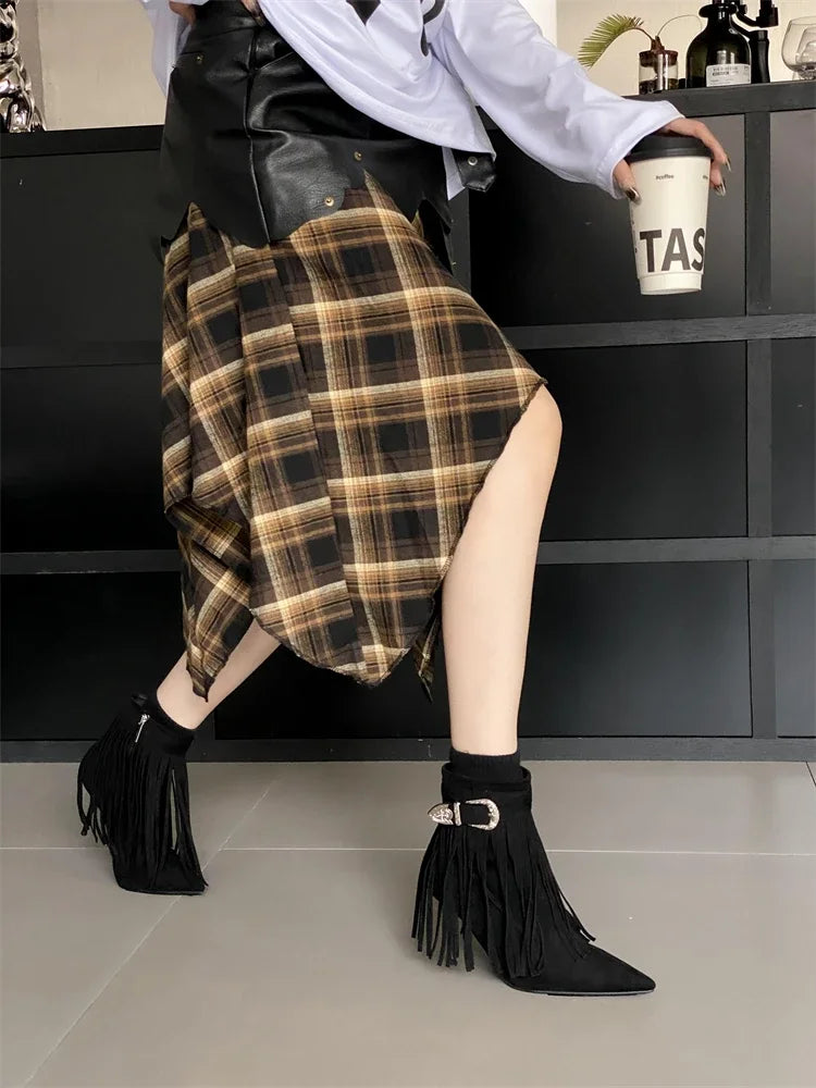 Tassel Belt Buckle Women’s Ankle Boots with Pointed Toe and Thin Heels, Fashionable Zipper Design - VougeVampUK