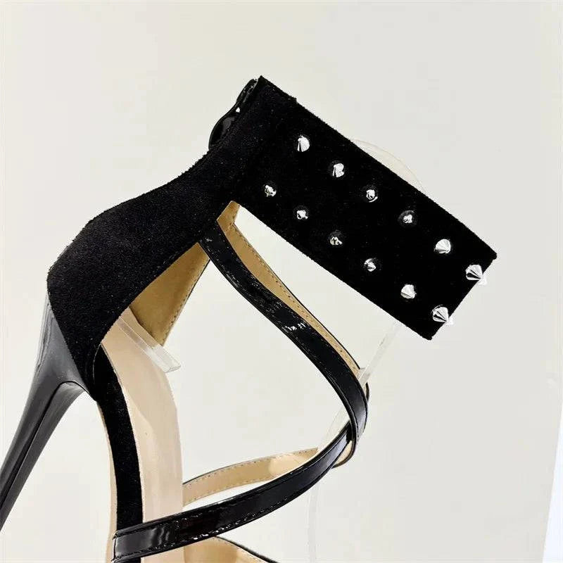 VougeVamp Women’s Metal Rivet Ankle Zip Platform Pumps – Sexy Peep-Toe High Heels for Parties and Pole Dancing