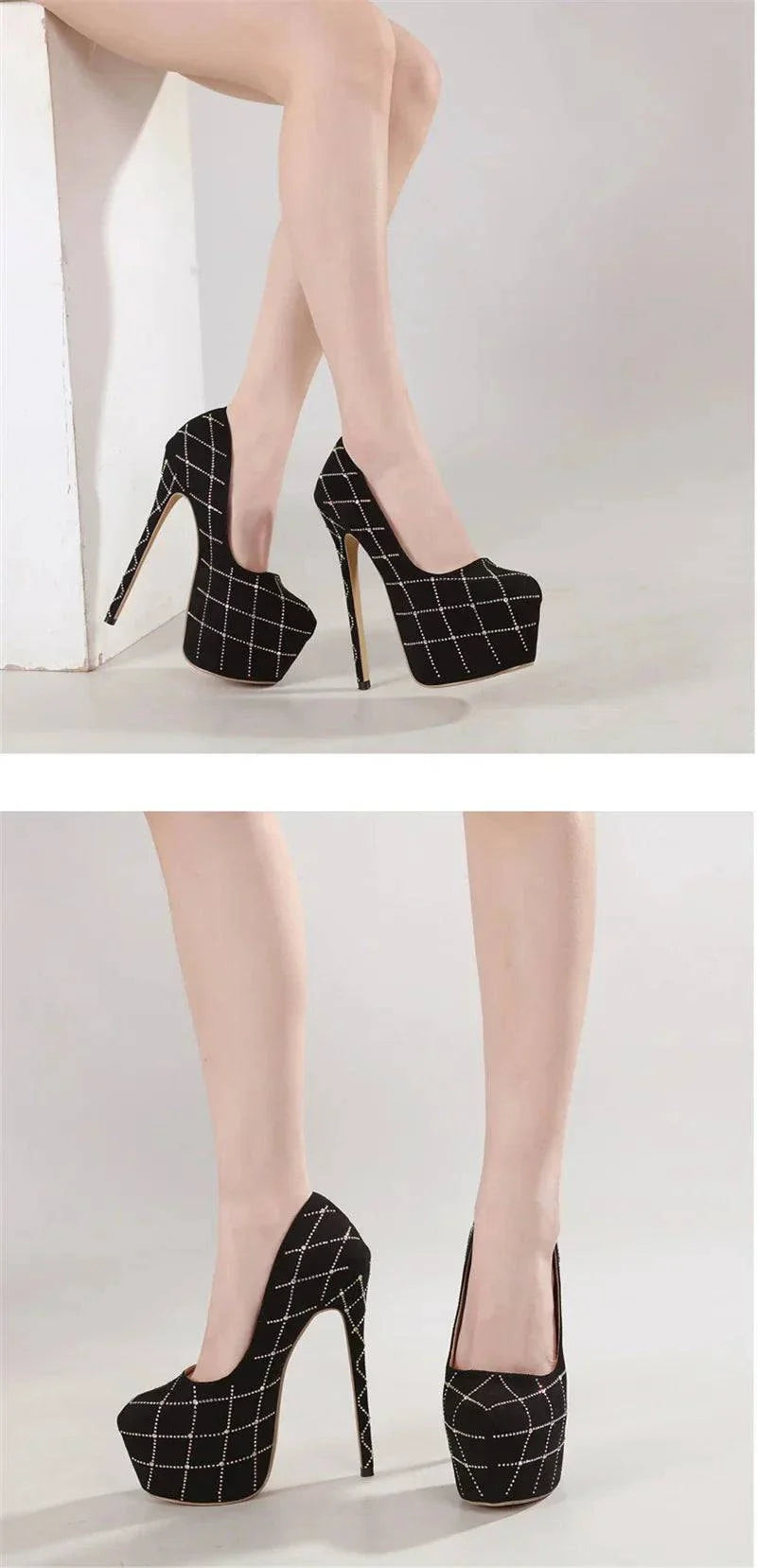 VougeVamp Women’s Catwalk Super High Heels – Crystal Rhinestone Platform Pumps for Parties and Banquets