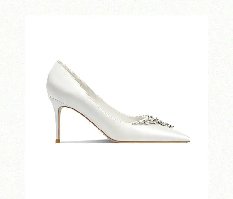 VougeVamp White Silk Satin Bridal Heels – Rhinestone Crystal Stiletto Pumps for Weddings