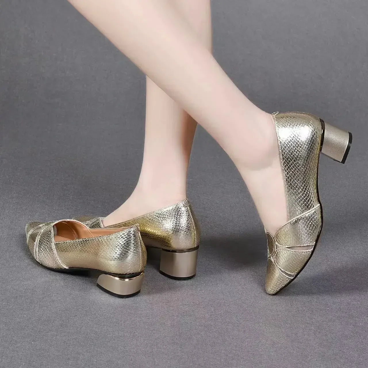 VougeVamp Women's Elegant Gold Heel Pumps – Pointed Toe Leather Bridal & Wedding Sandals